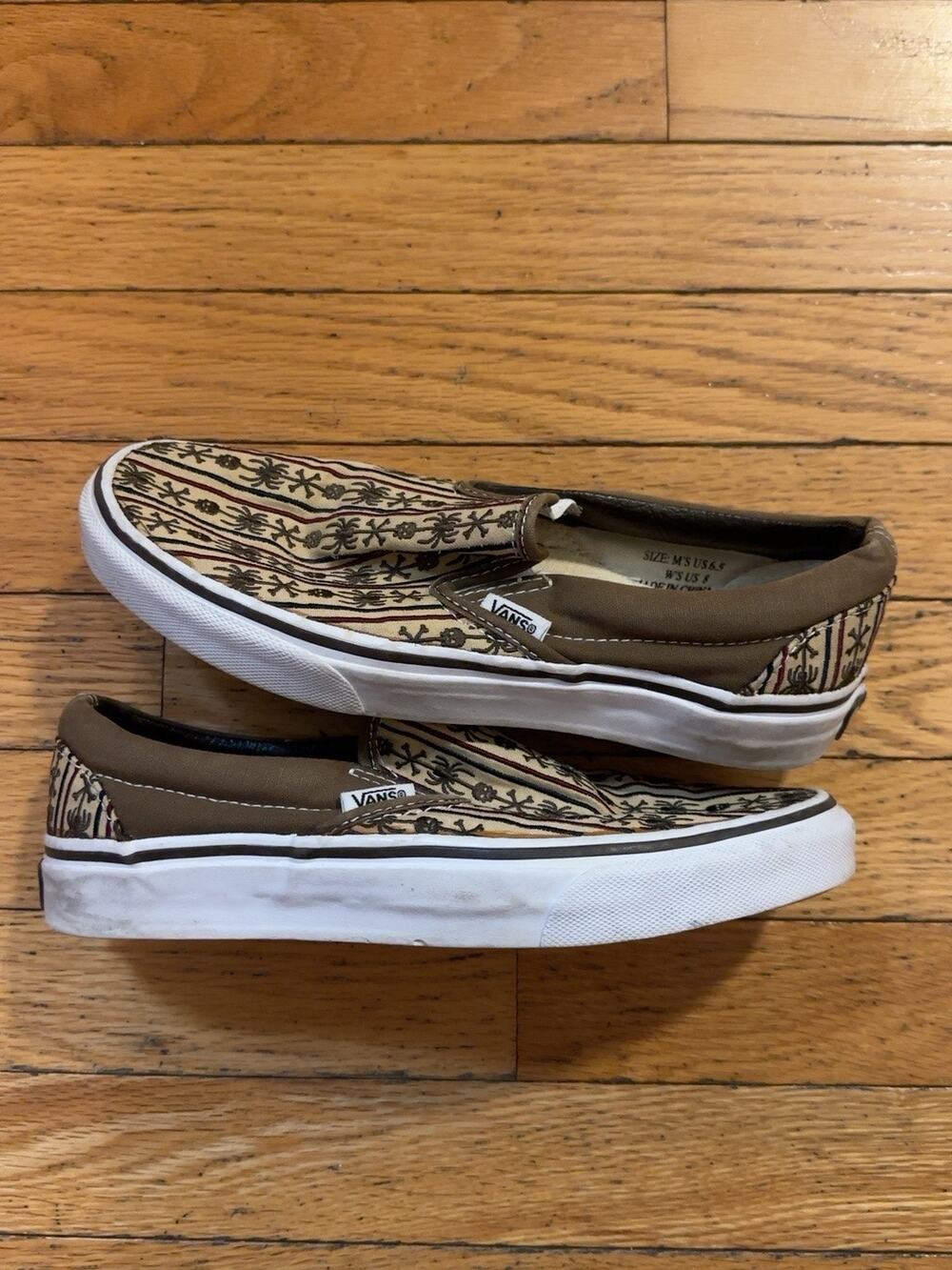 Vans Skull Spider Slip On Shoes Mens 6.5 Womens 8 Brown Tan Skeleton Y2K Rare
